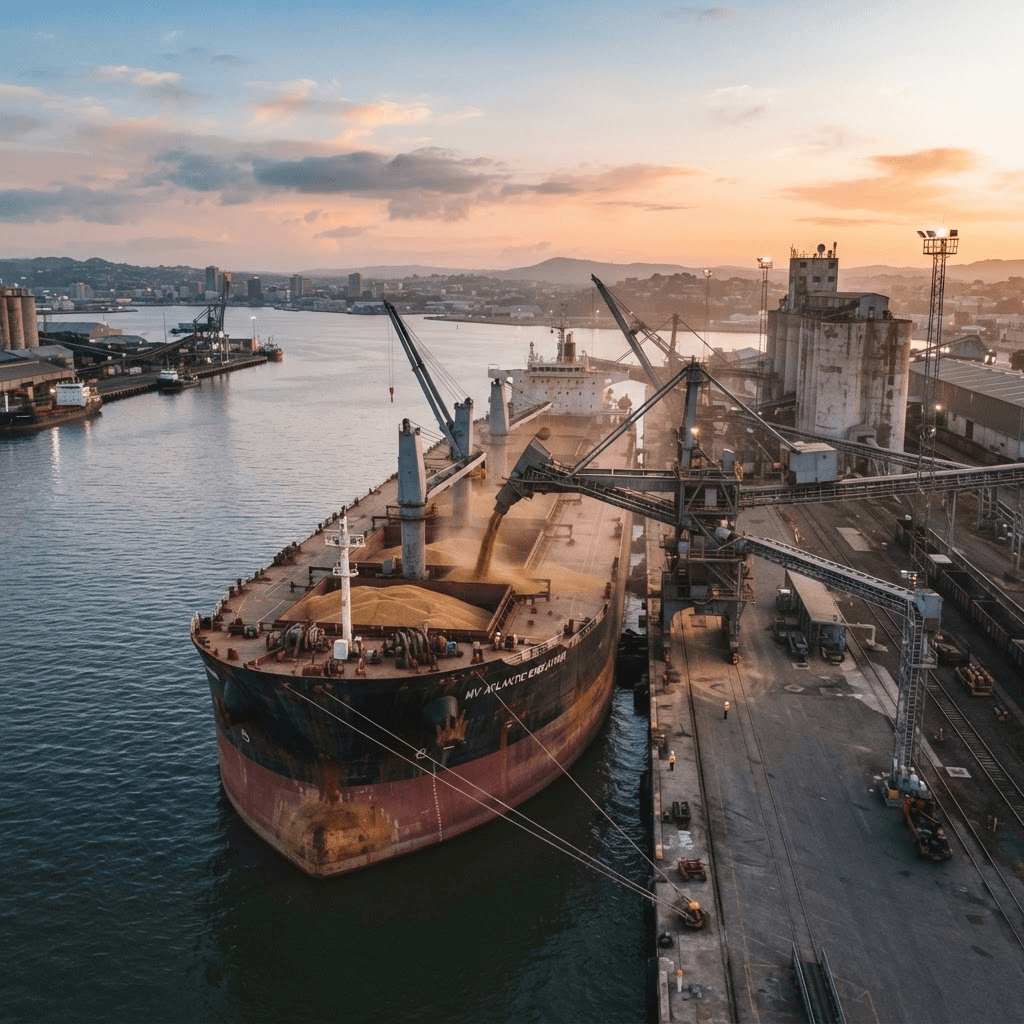 Bulk cargo vessel loading palm kernel expeller at an Indonesian export port